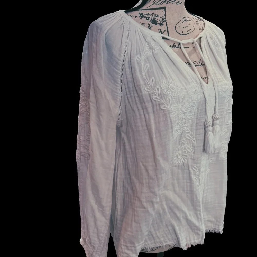 FAHERTY Cotton Gauze Blossom Embroidered Tassels 3/4 Sleeves Peasant Top - Picture 2 of 5